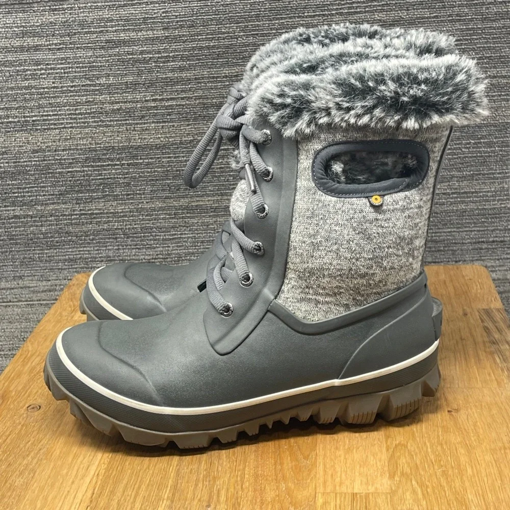 Bogs Arcata Knit Winter Boots Women 8 Gray  Waterproof Faux Fur Insulated Snow